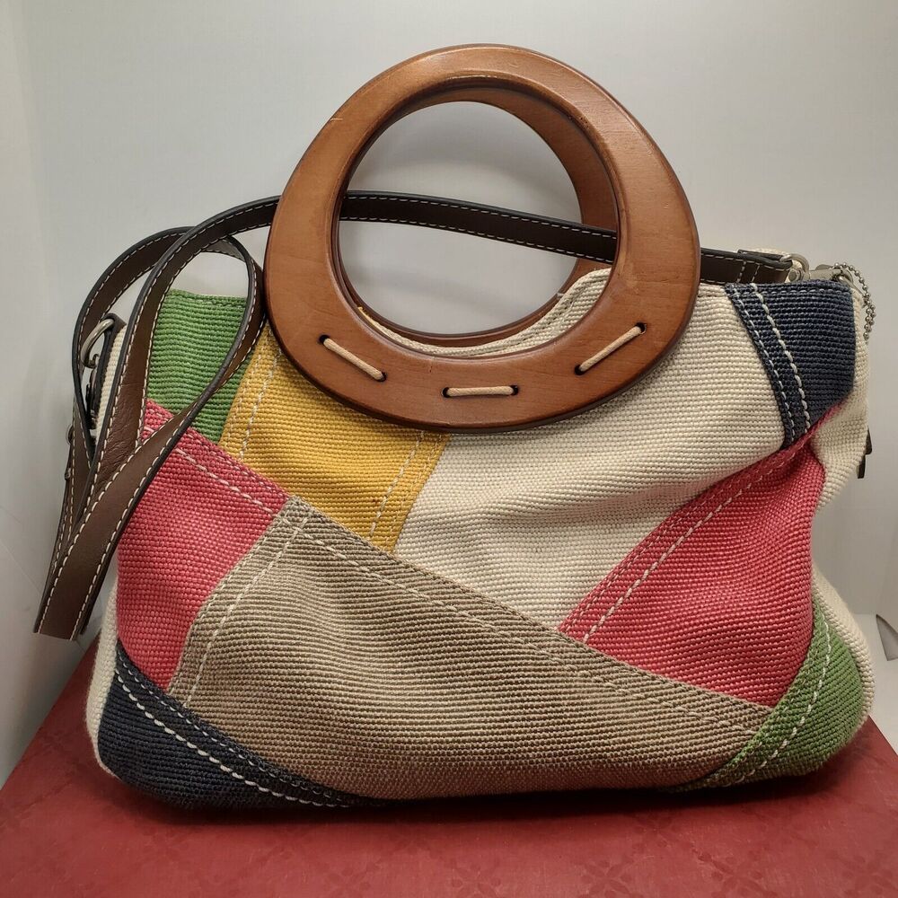 RELIC Canvas Patchwork Satchel Handbag Wood Handles Removable Leather Strap